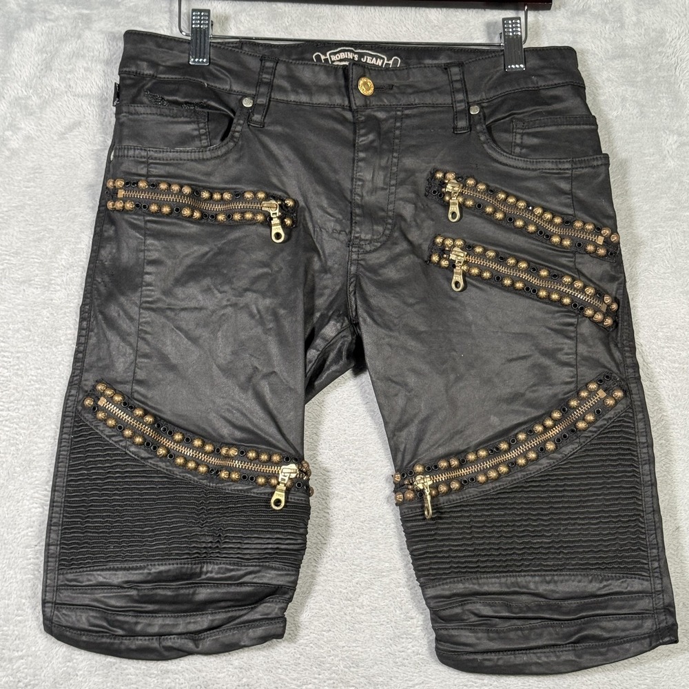 Robins Jean Shorts Mens 30 L-Flap Biker Studded Zipper Moto Made in‎ USA DY50311